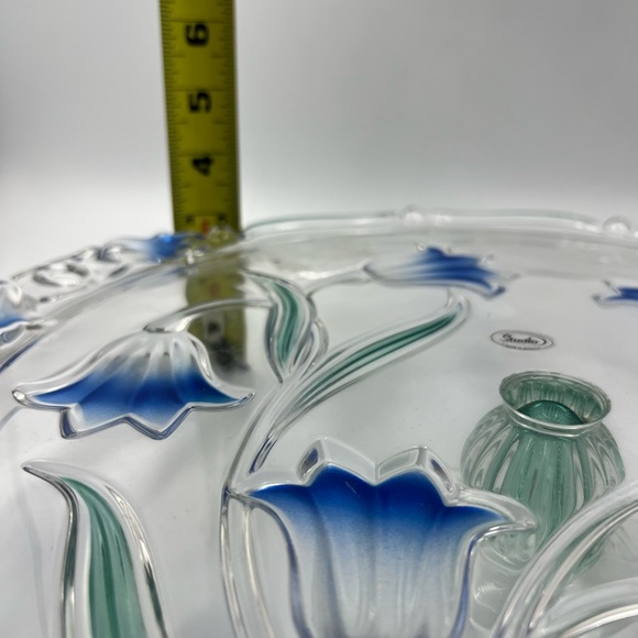 Vintage Studio Silversmiths 13” Pedestal Crystal Cake Plate Floral  Blue Green - Picture 6 of 7